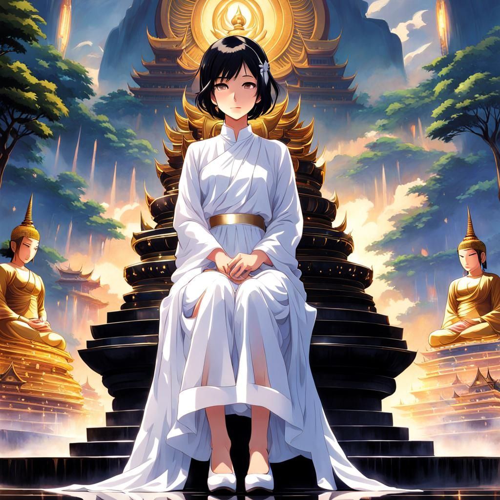 Woman in White at Thailand Temple: Anime Style