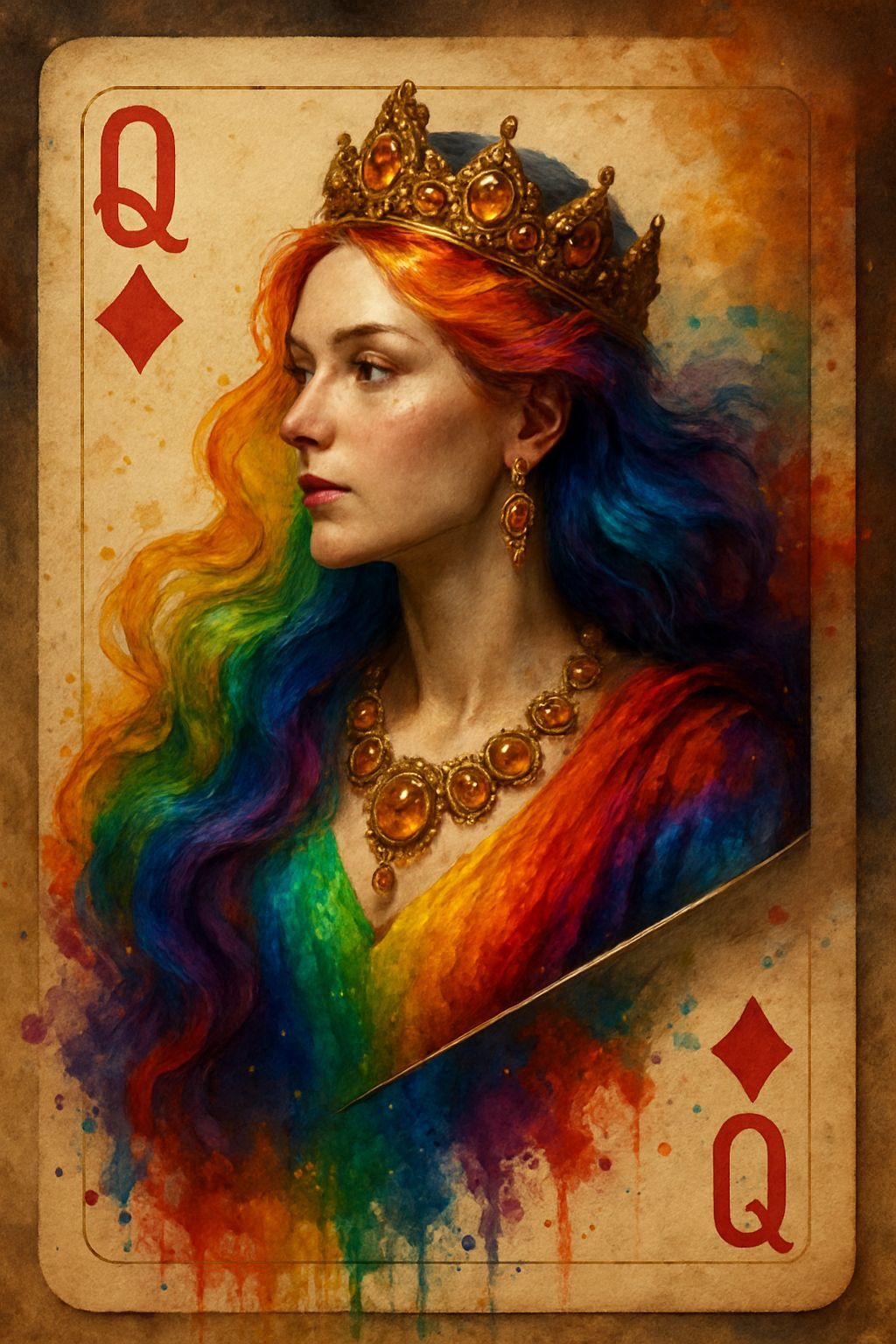 Queen Of Diamonds With Rainbow Aura, Hyperrealistic Style