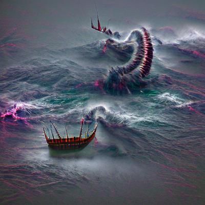 Viking Ship Versus Sea Monster in Stormy Ocean