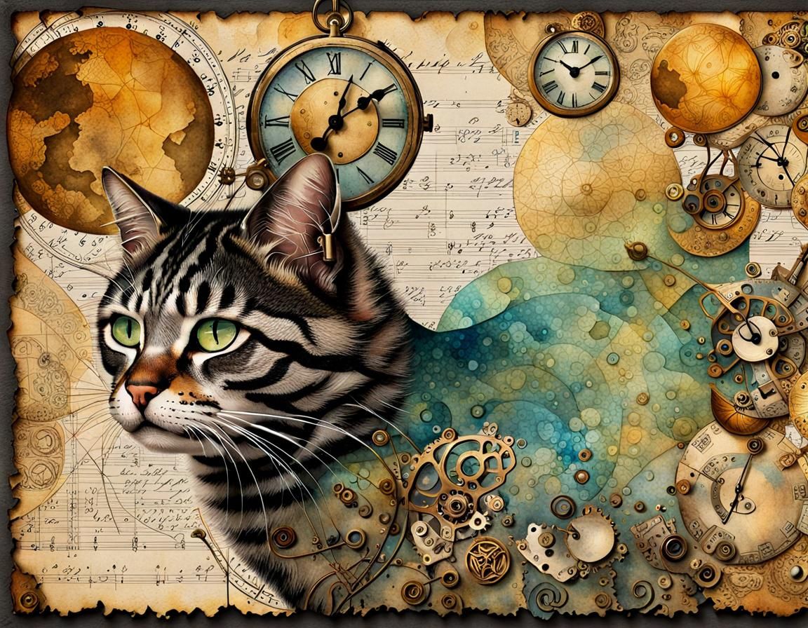 Clockwork Cat on Vintage Scrapbook Page as Watercolor
