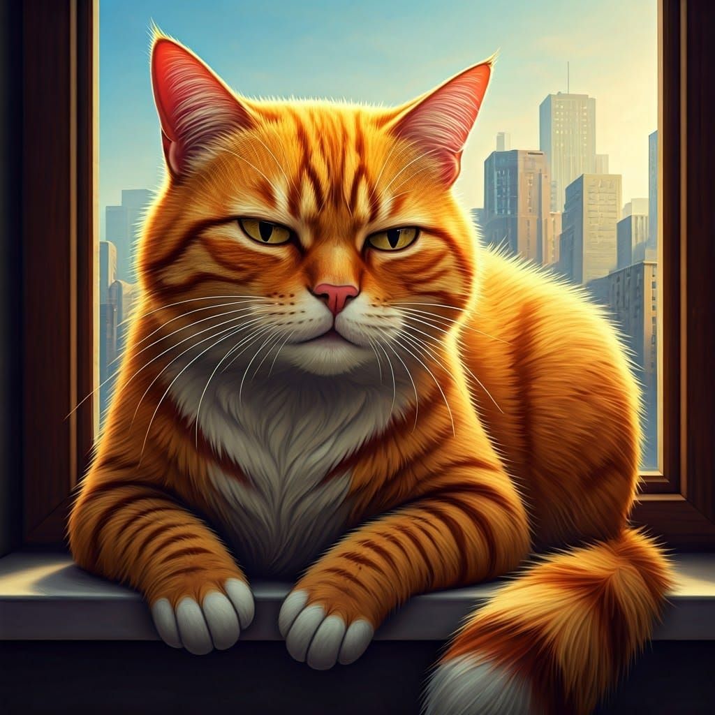 Lazy Orange Tabby Cat on Windowsill with Cityscape