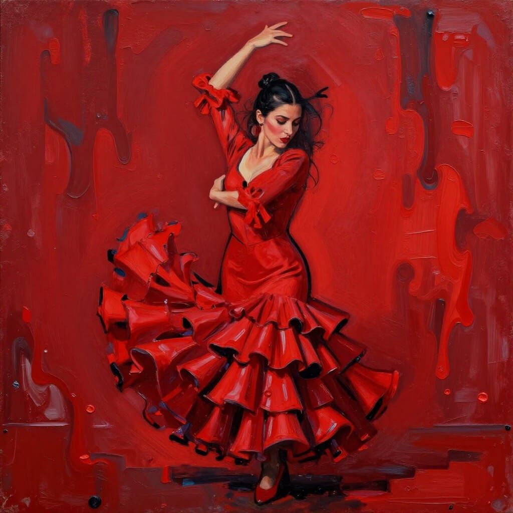 Flamenco Dancer in Red Expressionism Style