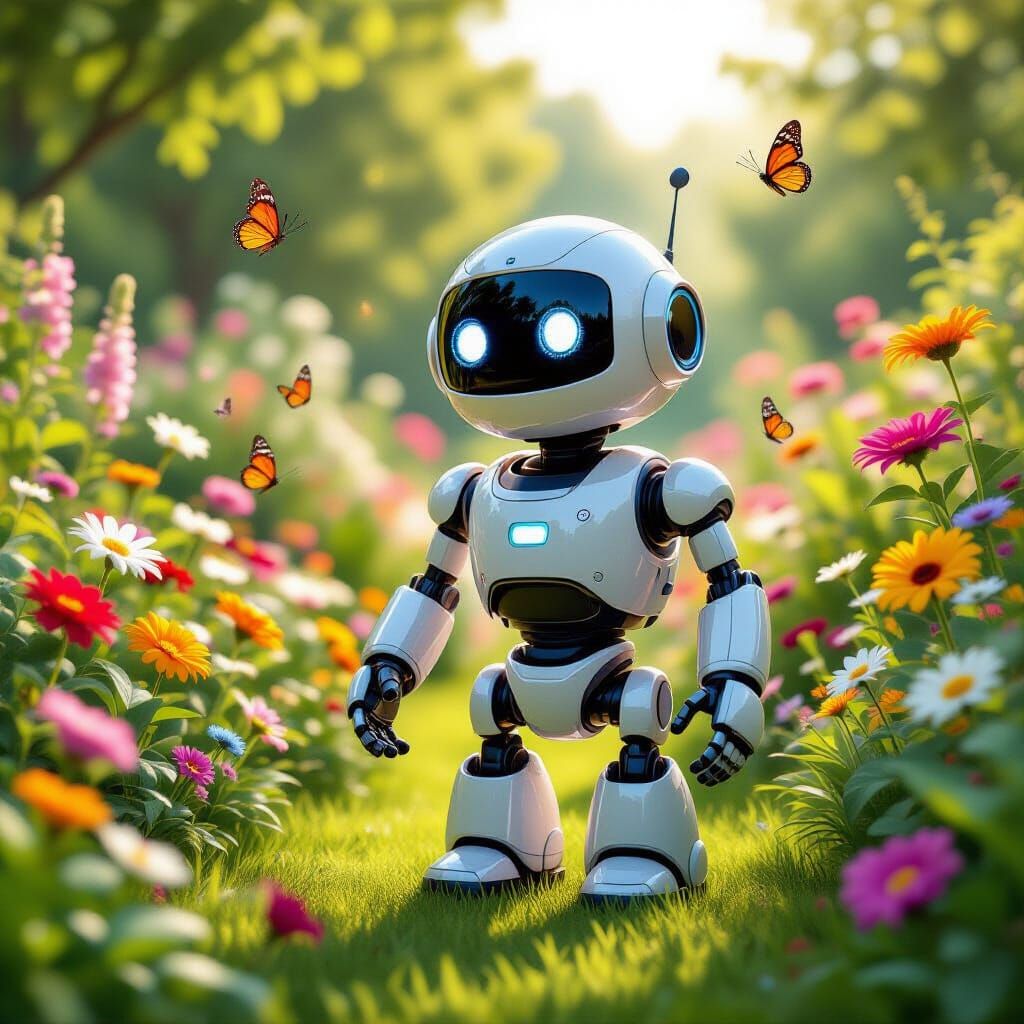 Friendly Robot in a Lush, Futuristic Garden