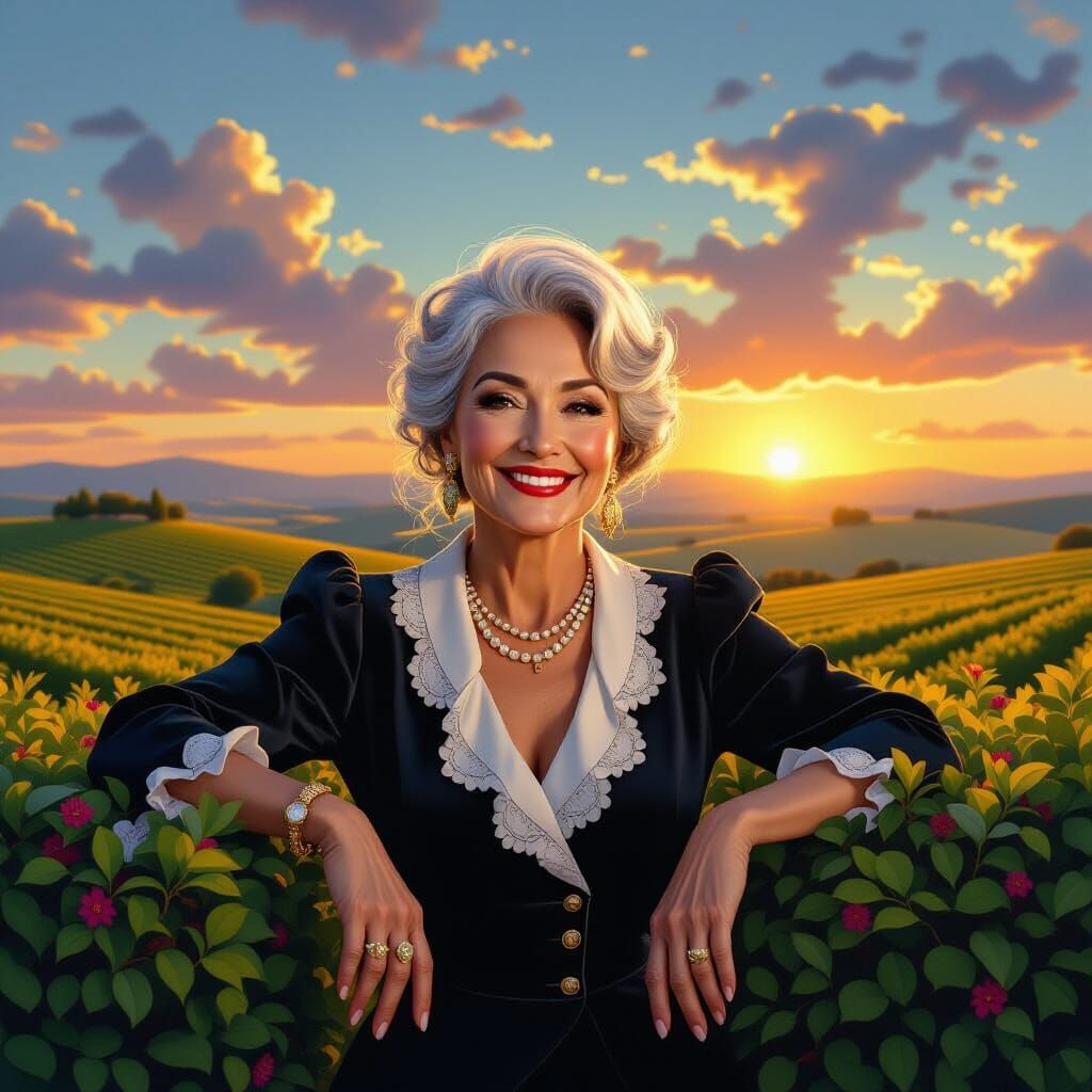 Elegant Italian Woman in Lush Landscape, Digital Art