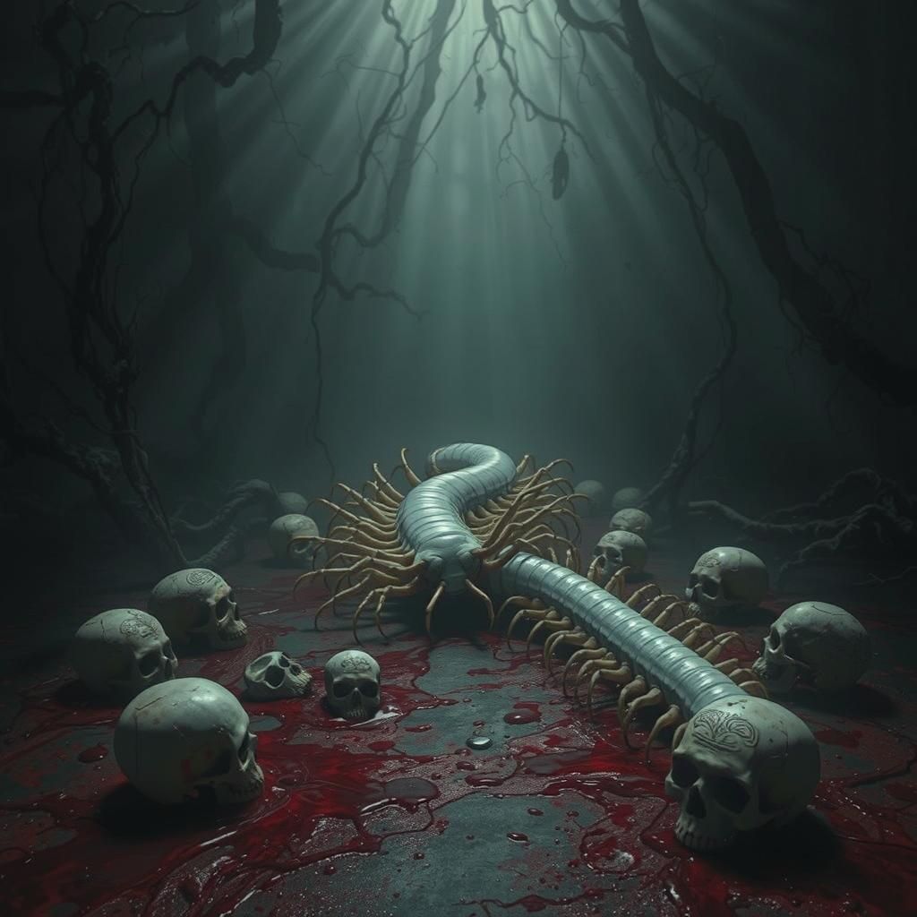 Eerie Centipede Crawling in Gothic Horror Scene