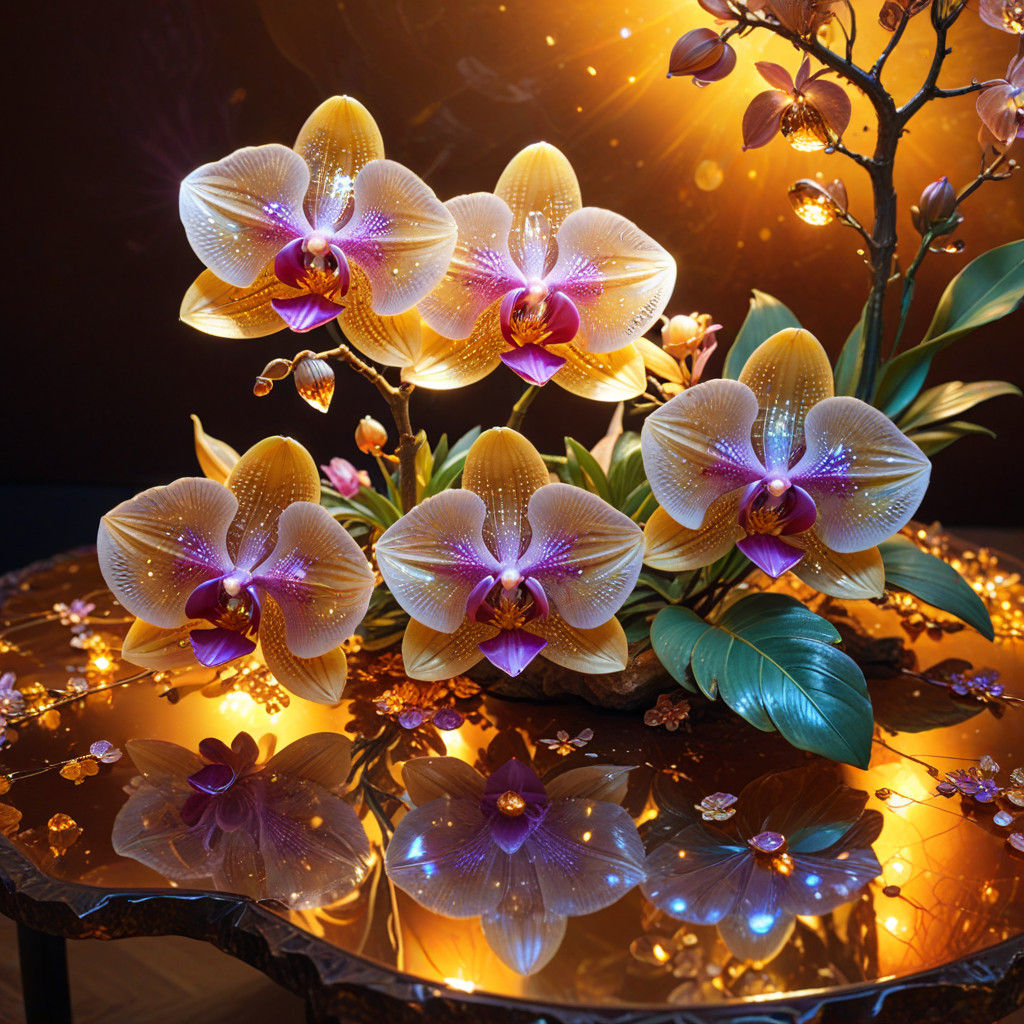 Celestial Orchid Blooms on Amber Altar in Holographic Glory
