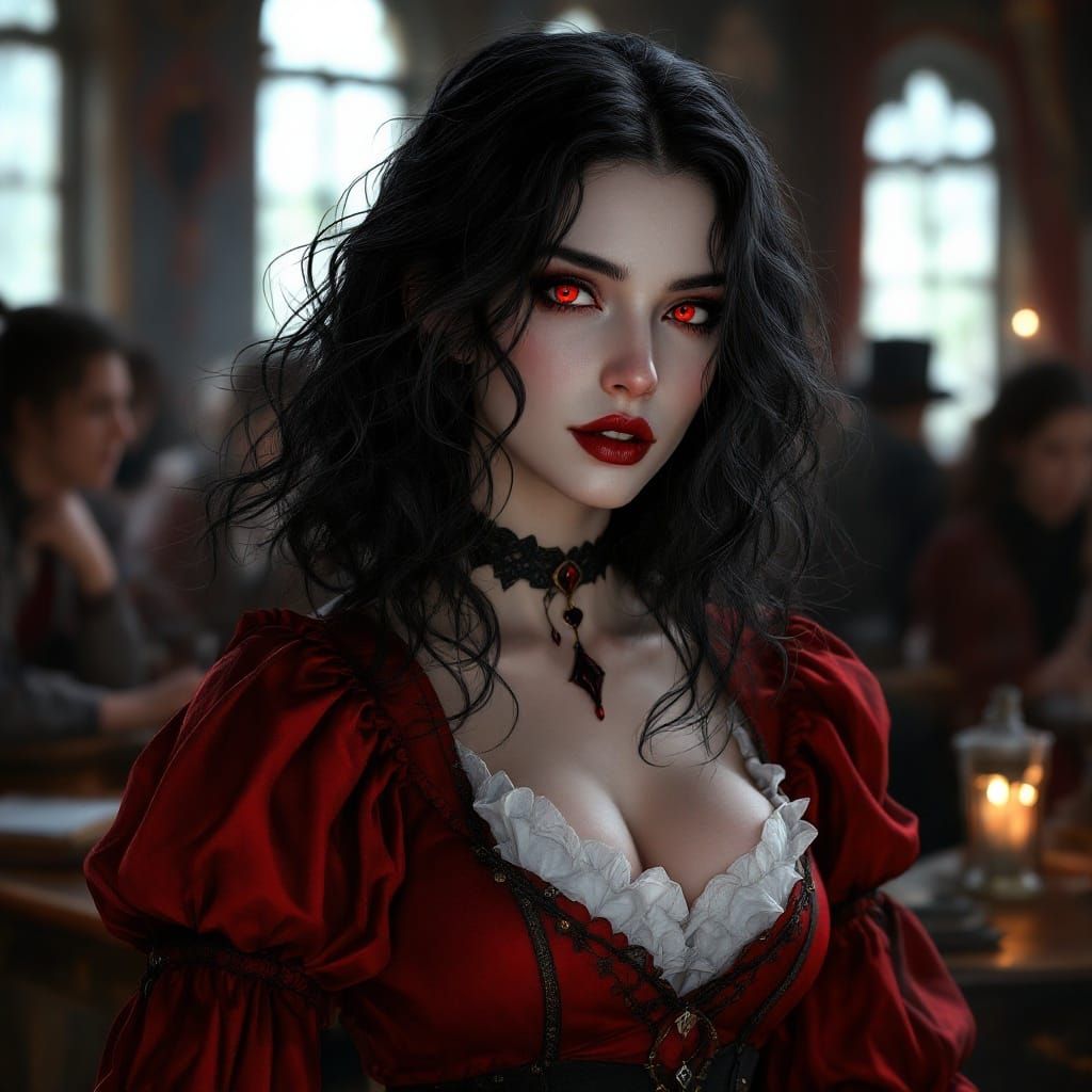 Elegant Tudor Vampire Mistress in Enchanting Classroom Portr...