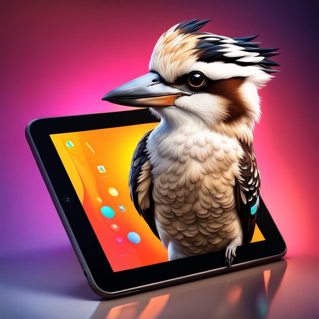 Hyperrealistic Kookaburra on Tablet: Splash Art Style