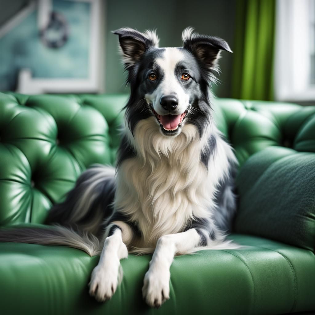 Blue Merle Border Collie on Modern Green Sofa