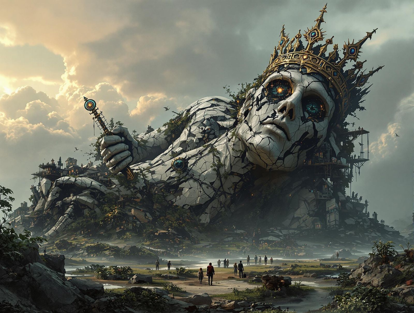 A Fallen Titan Amidst a Vast Wasteland in Hyper-Detailed Cyb...