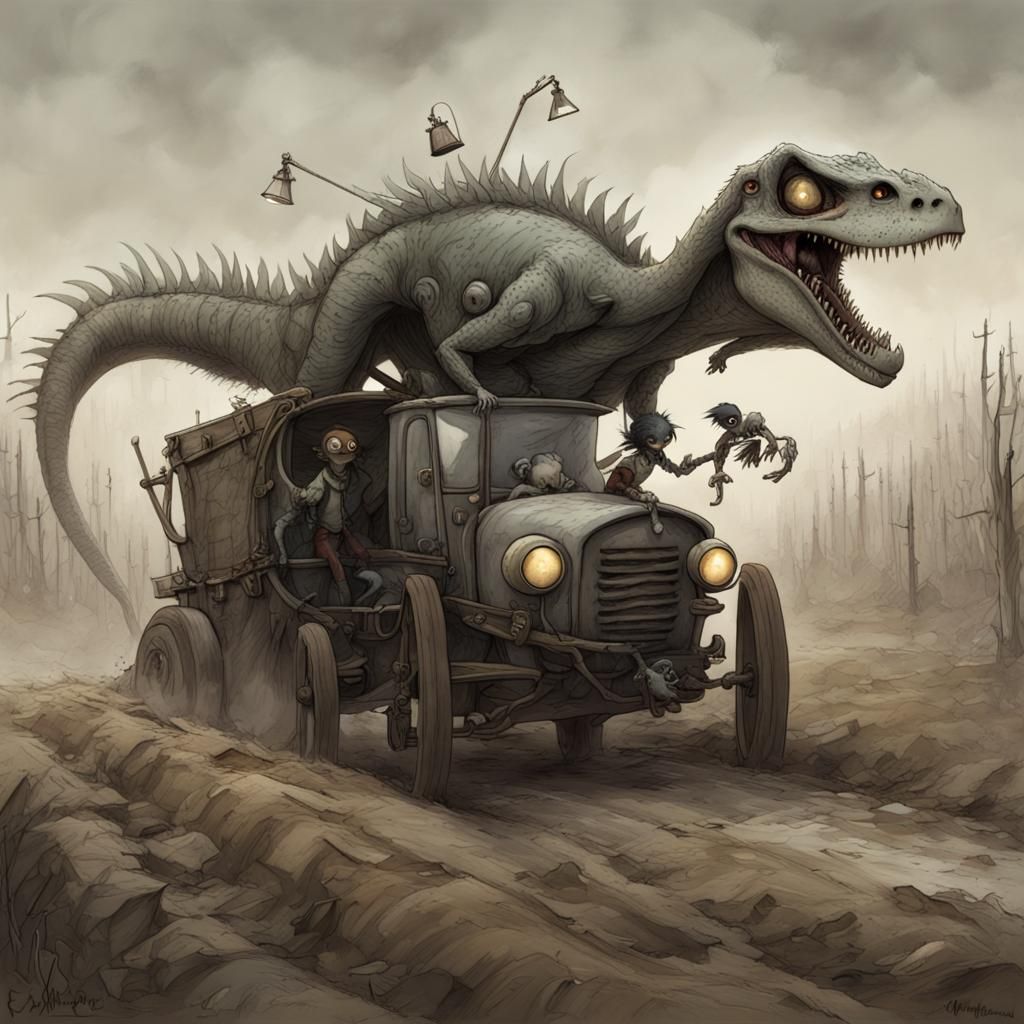 Monster Plowed by Velociraptors: Whimsical Digital Art
