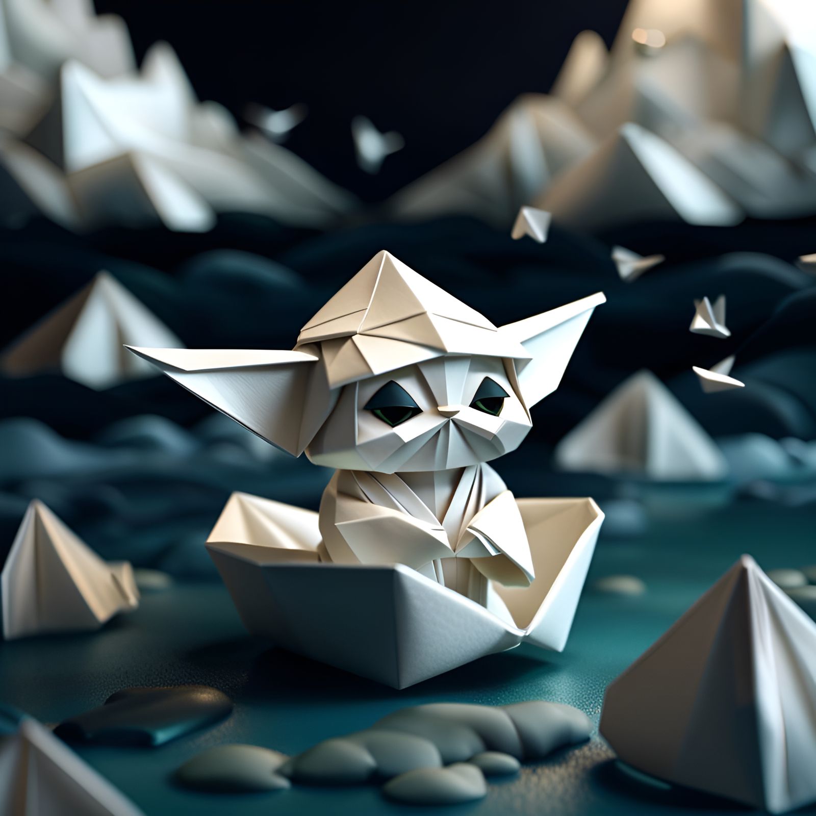Origami Yoda Meditating on a Ship