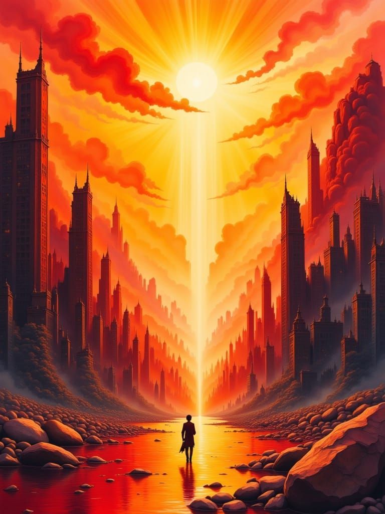 Utopian Cityscape in Vibrant Orange Light