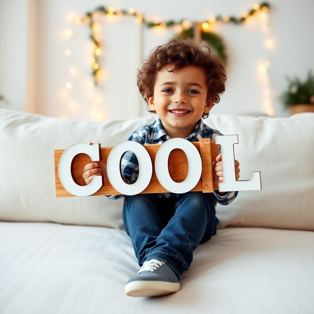 Cozy Living Room Scene with Happy Boy and Wooden Sign