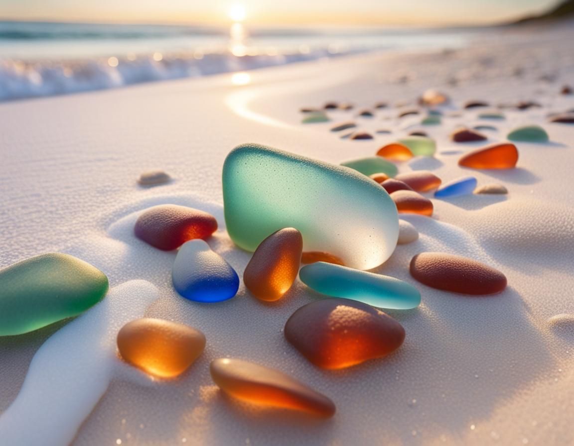 Multicolored Seaglass on White Sandy Beach