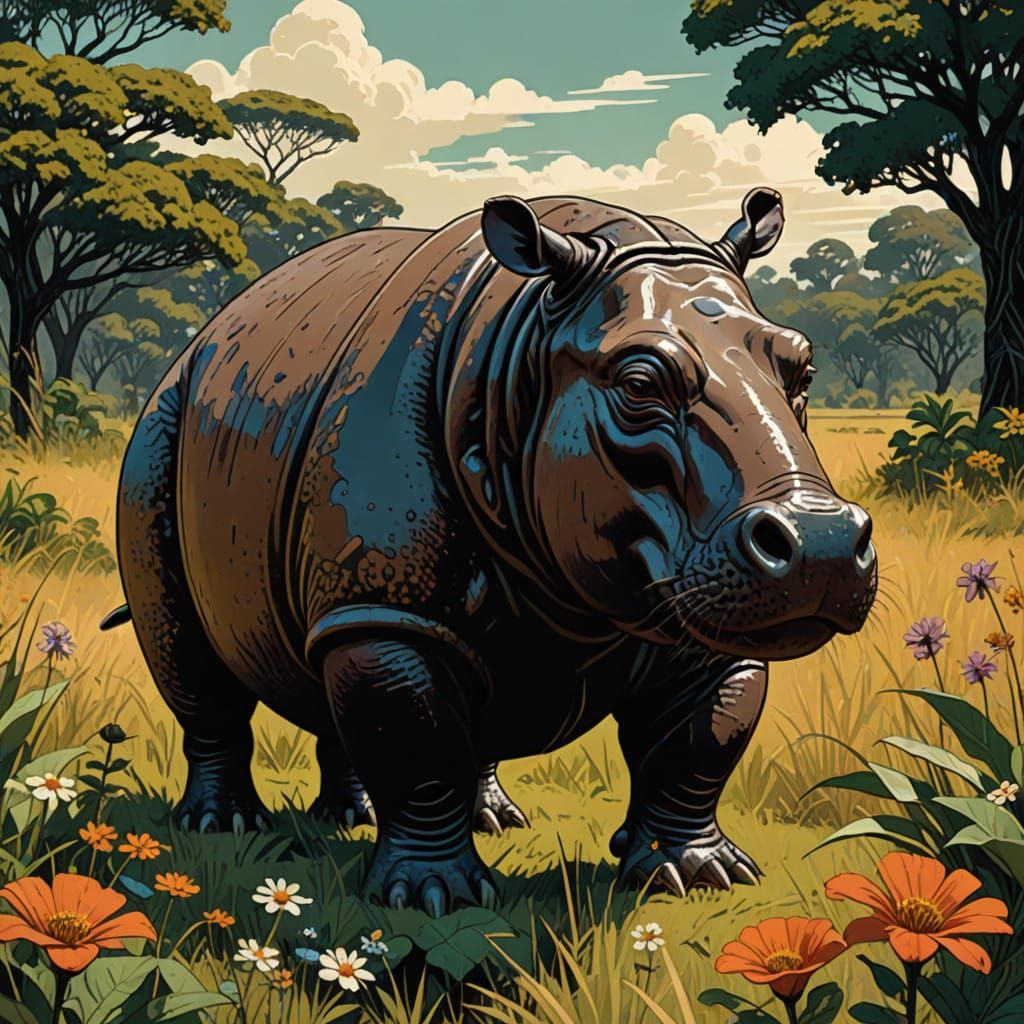 Regal Hippopotamus in African Savannah Landscape