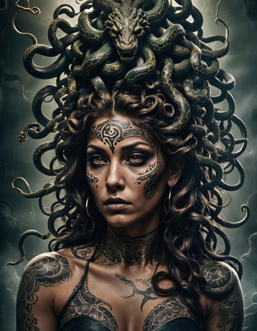 Tattooed Medusa in Ominous, Gothic Atmosphere
