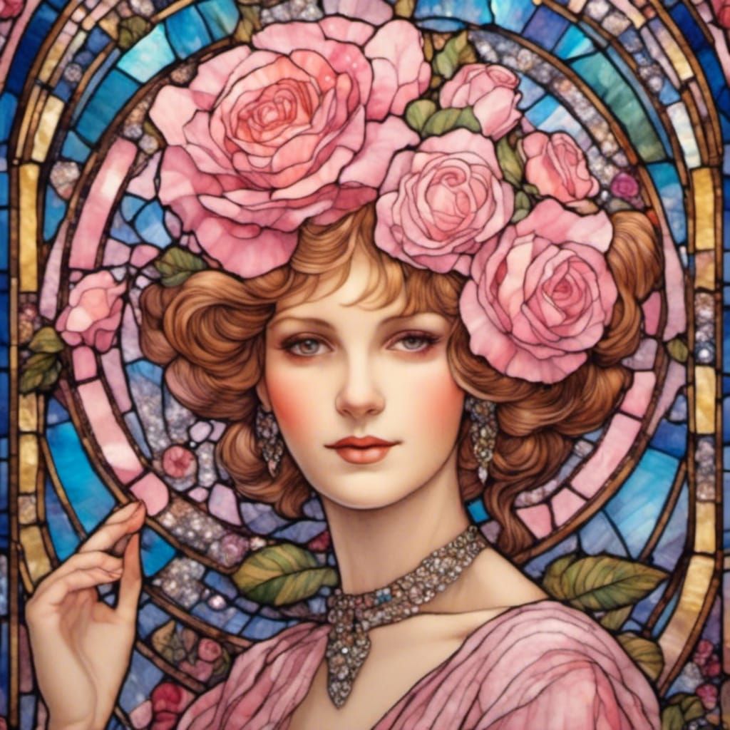 Art Deco Lady with Pink Roses Portrait