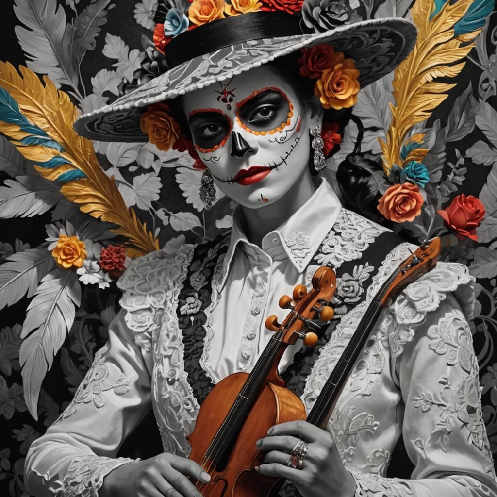 Medium shot of a beautiful woman wearing colorful Día de los...