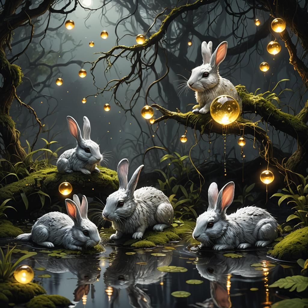 Silver Rabbits in Moonlight Swamp: Hyperrealistic Splash Art