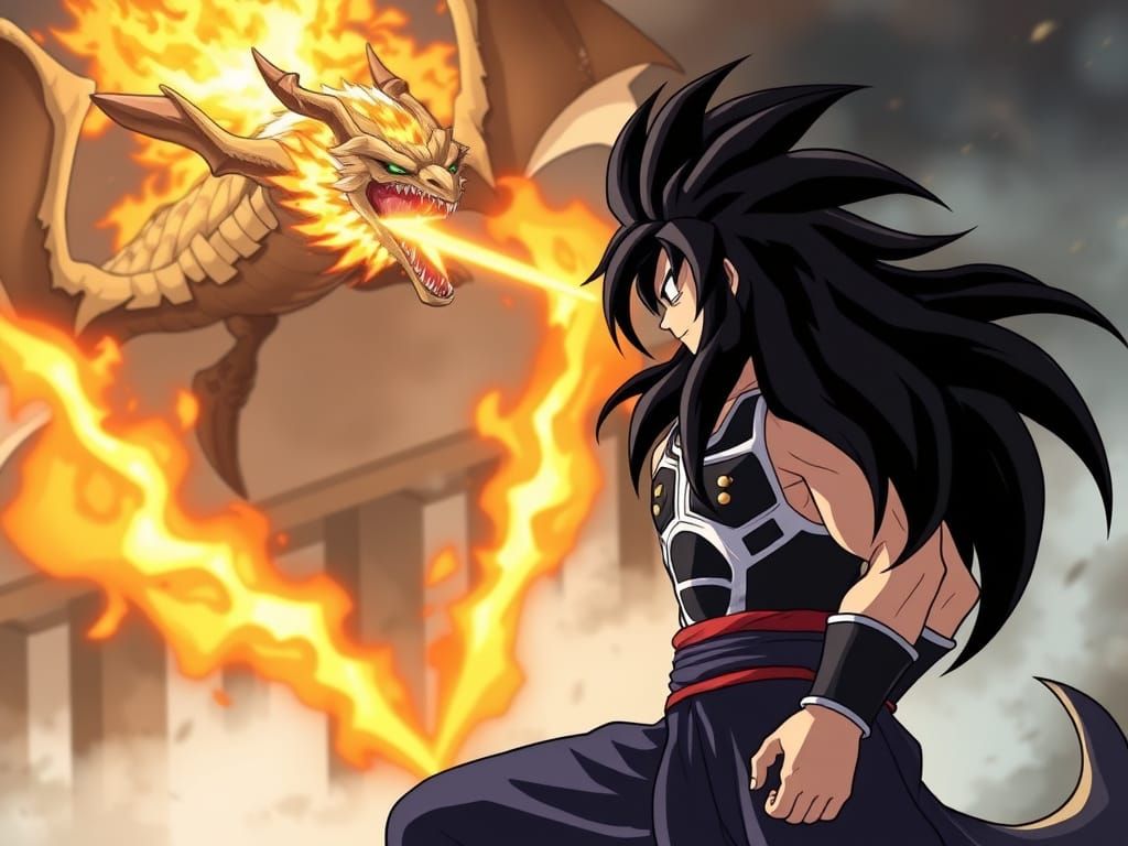 Saiyan Warrior Engages Fire-Breathing Dragon in Epic Battle