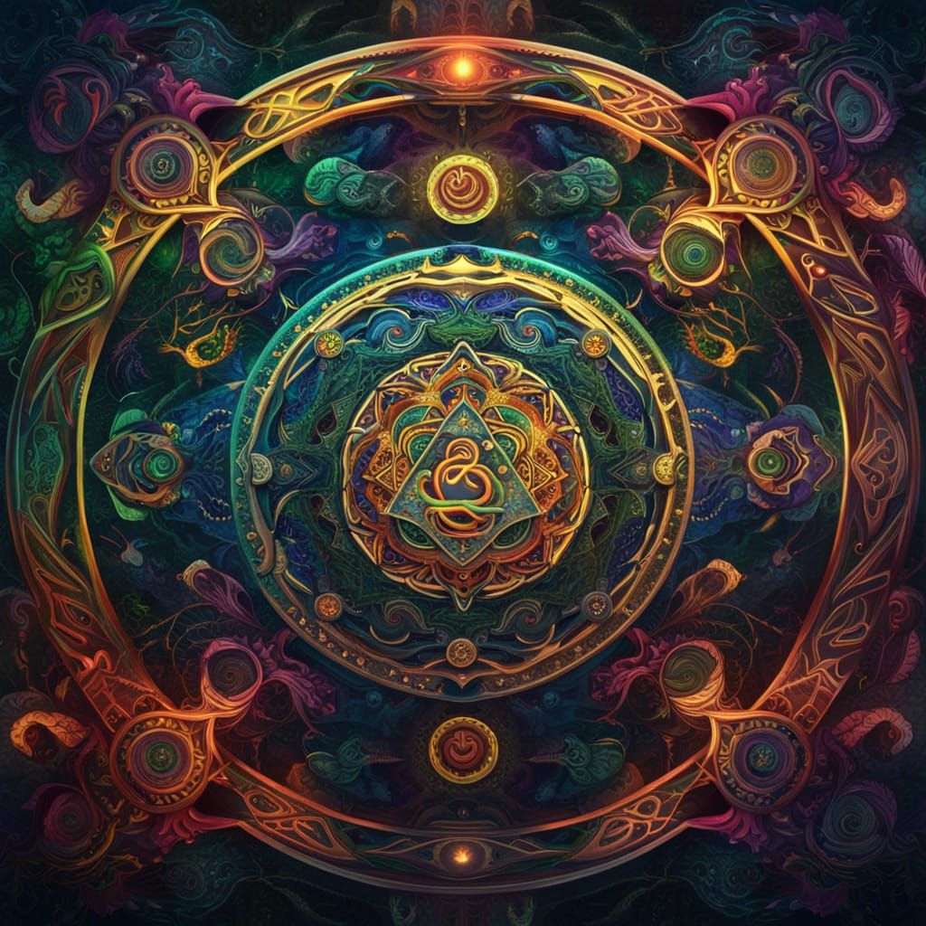 A chakra in the centre with An ohm with snakes and vines psychedelic/ patterns/ trippy/fractal. Mirrored and symmetrical...