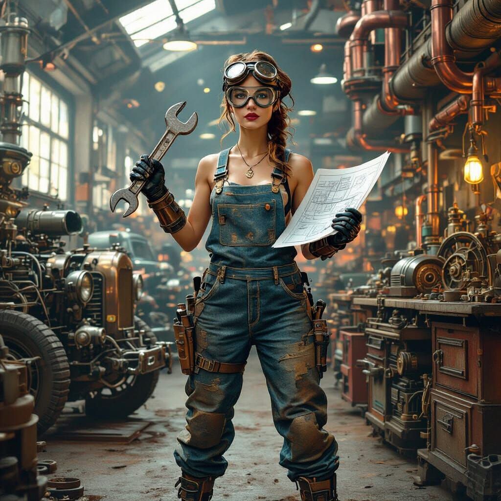 Clockwork Demolition Queen in a Cyberpunk Workshop