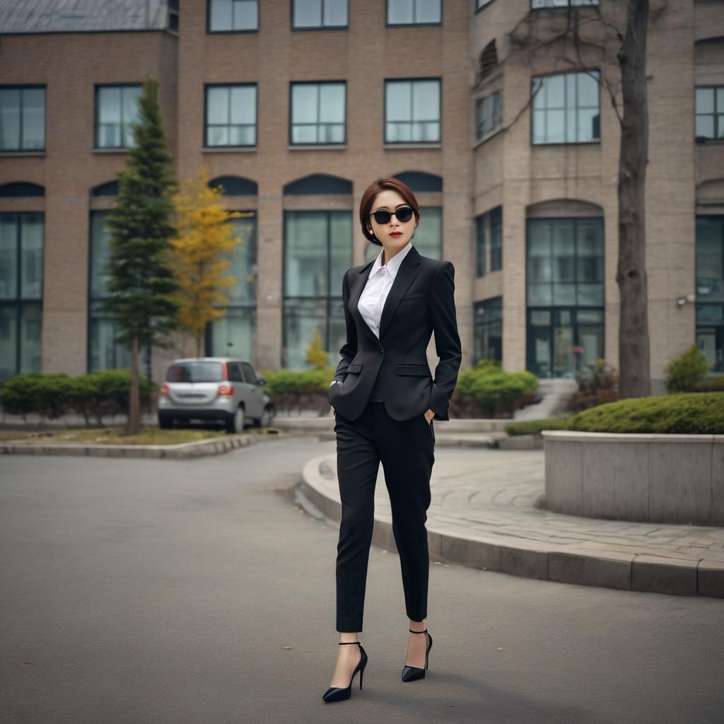 Korean Woman in Mafia Style Black Suit