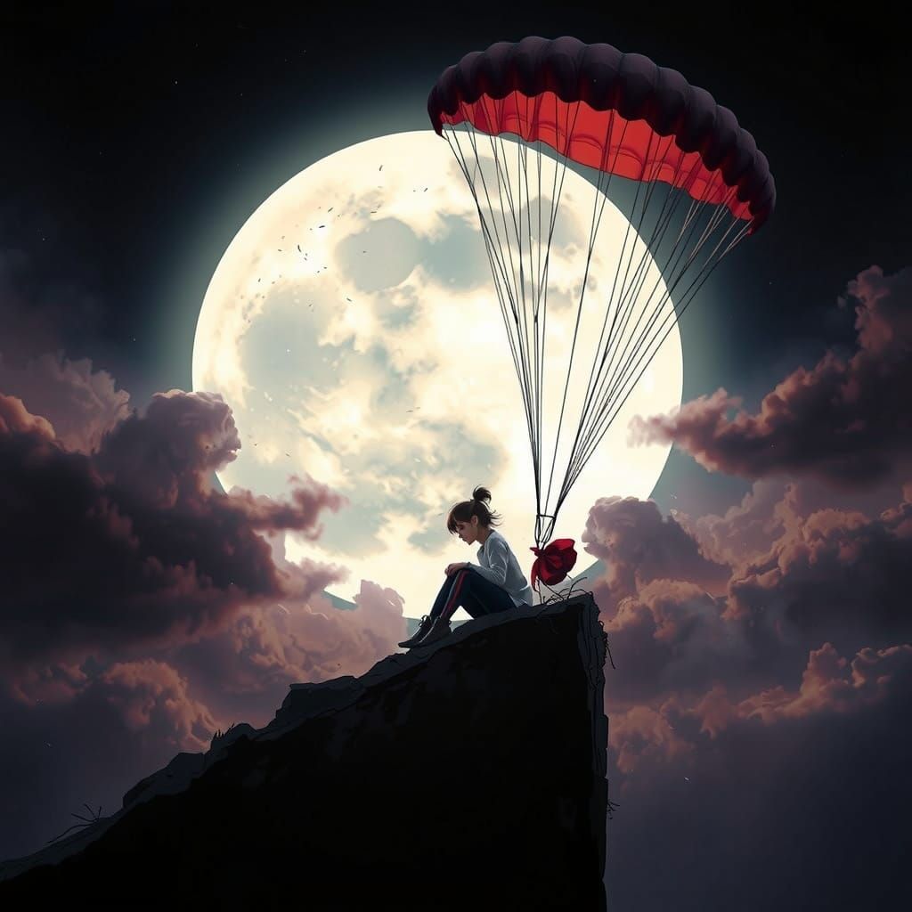 Parachutist on Cliff Under Moon in Dramatic Style