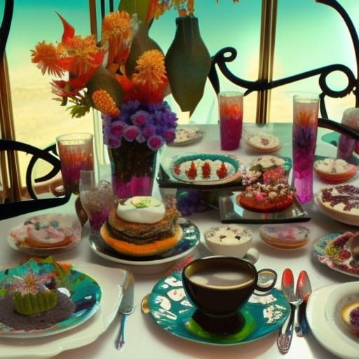 Colorful Breakfast Table Still Life with Coffee
