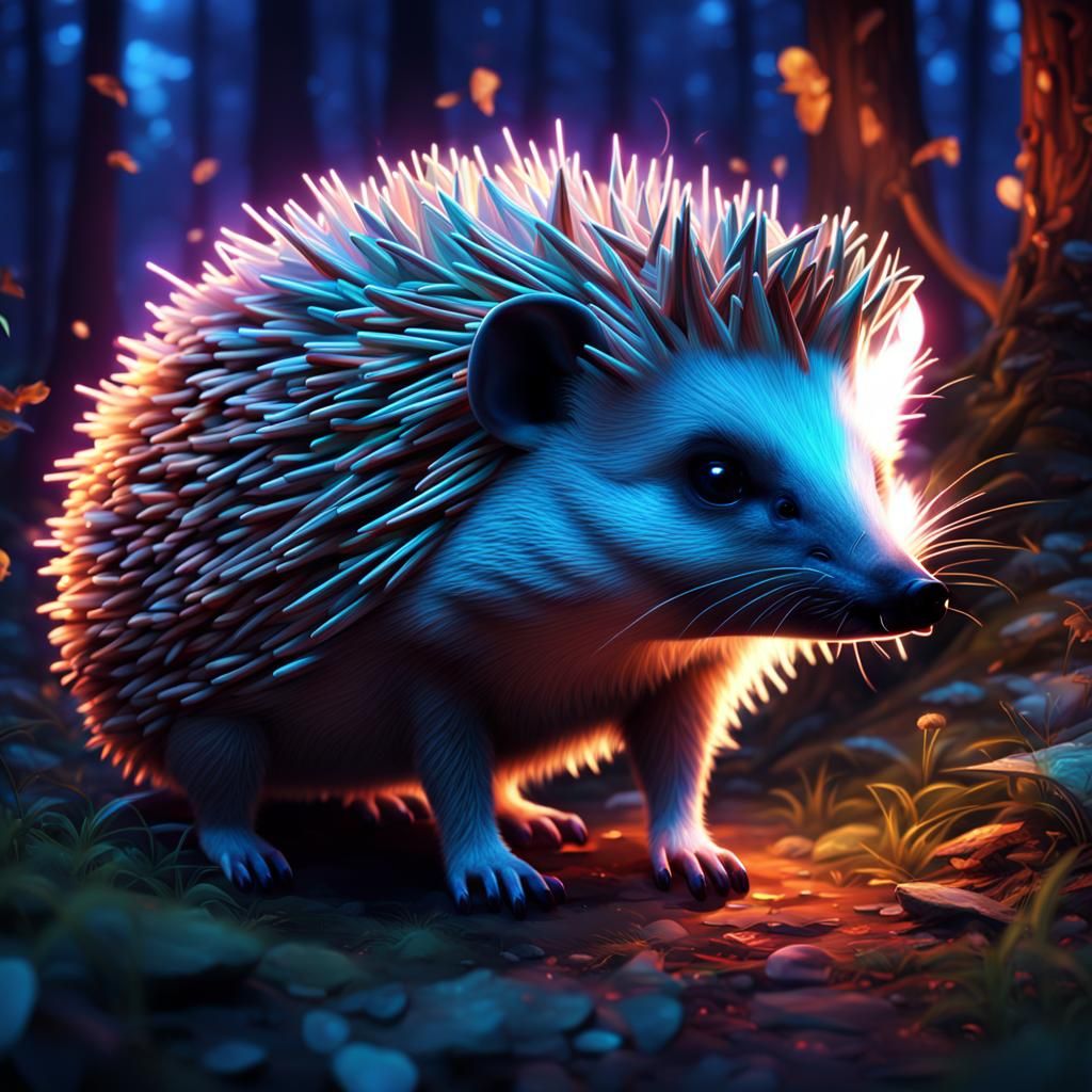 Hedgehog in Neon Lit Forest at Night