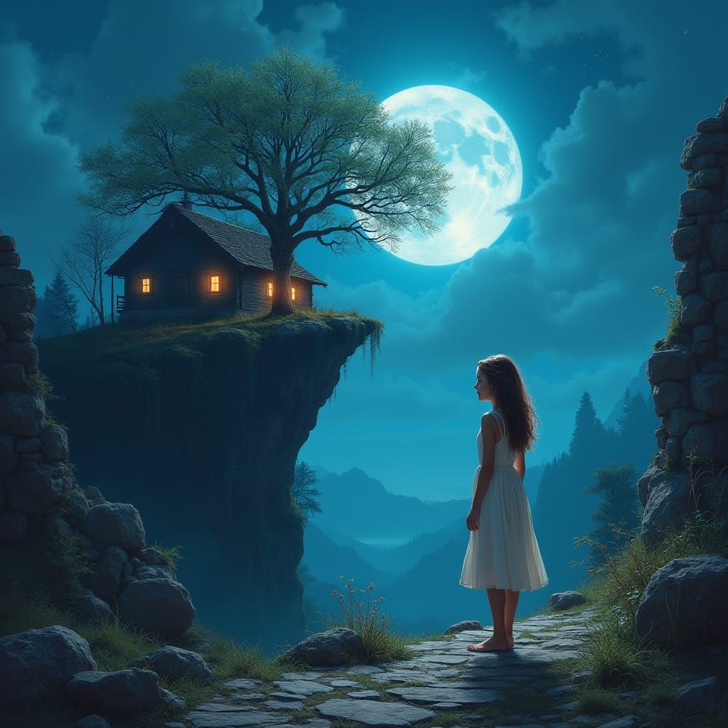 Innocent Woman Radiating Power in Moonlit Church Ruins