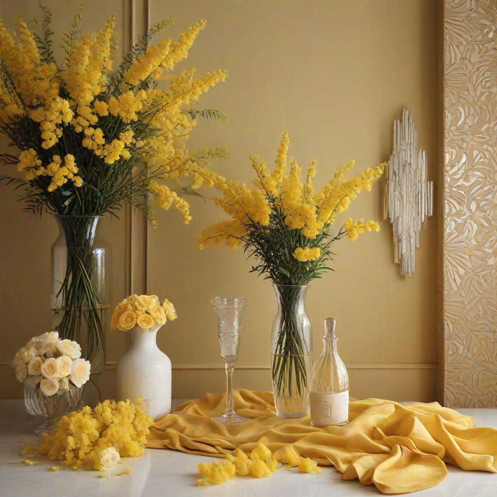 Golden sunlight bathes a field of mimosa and acacia, their y...