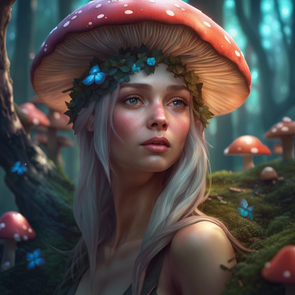 Fairy Portrait in Mushroom Forest, Detailed Concept Art