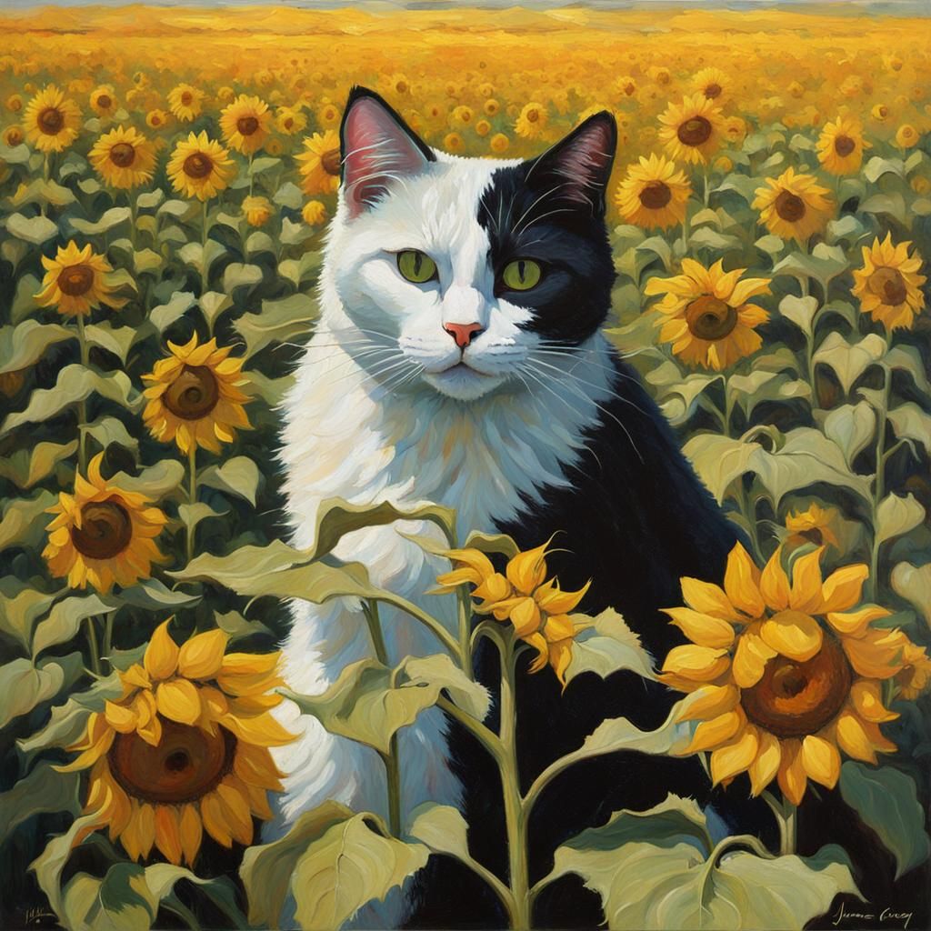 Cat in Sunflowers Field: Oil Painting Style