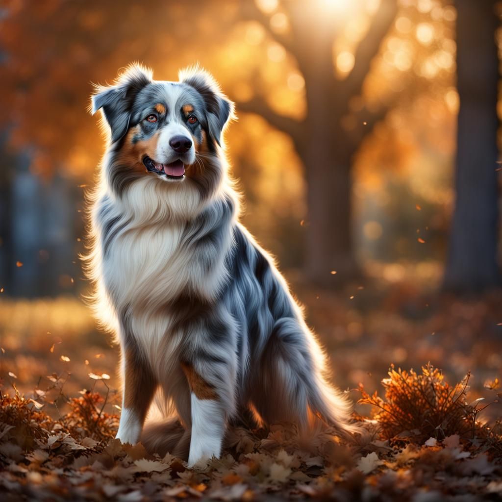 Blue Merle Shepherd in Autumn, Golden Hour Digital Art