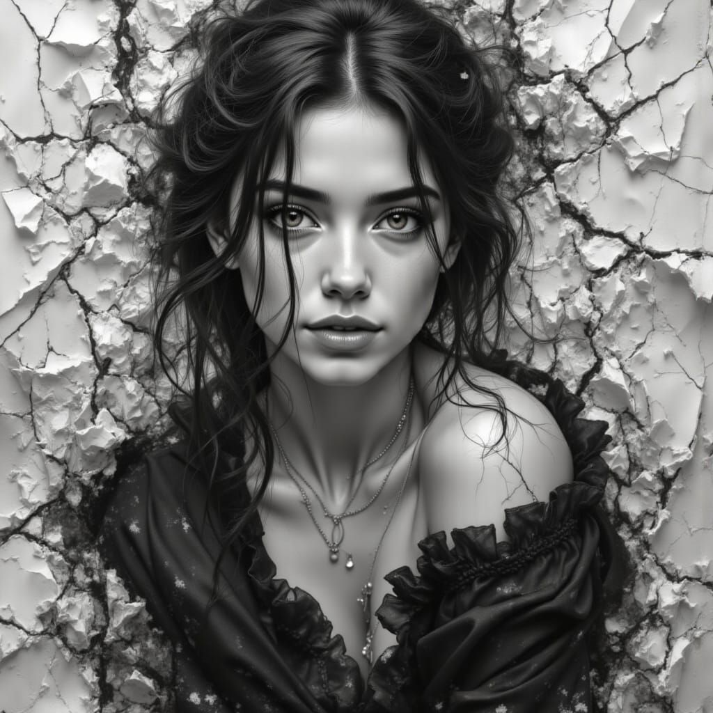 Cracked Portrait of a Woman on Crumpled Paper