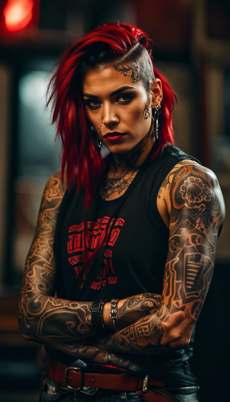 Muscular Woman with Tattoos and Red Hair