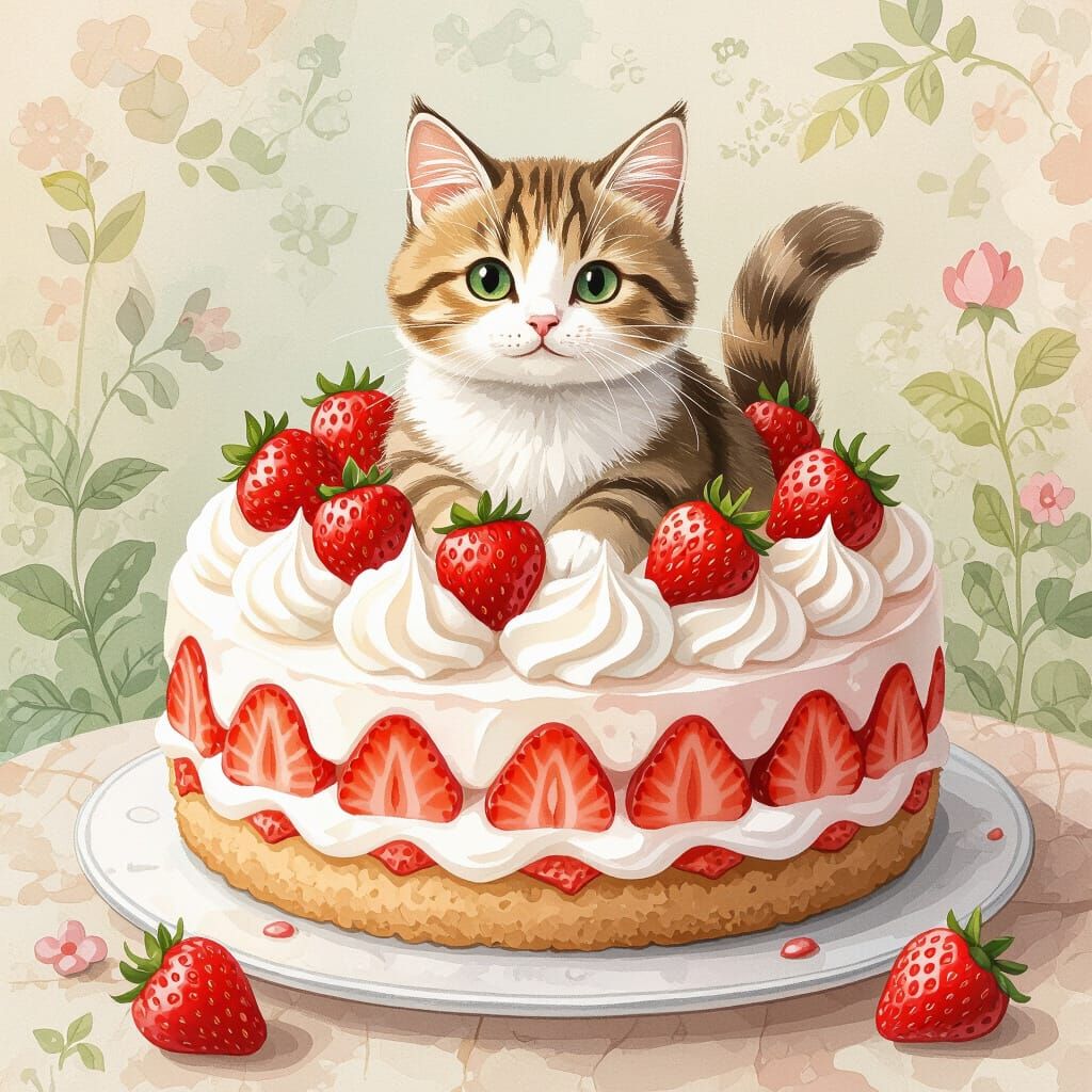 Whimsical Cat in Strawberry Cake, Watercolor Art