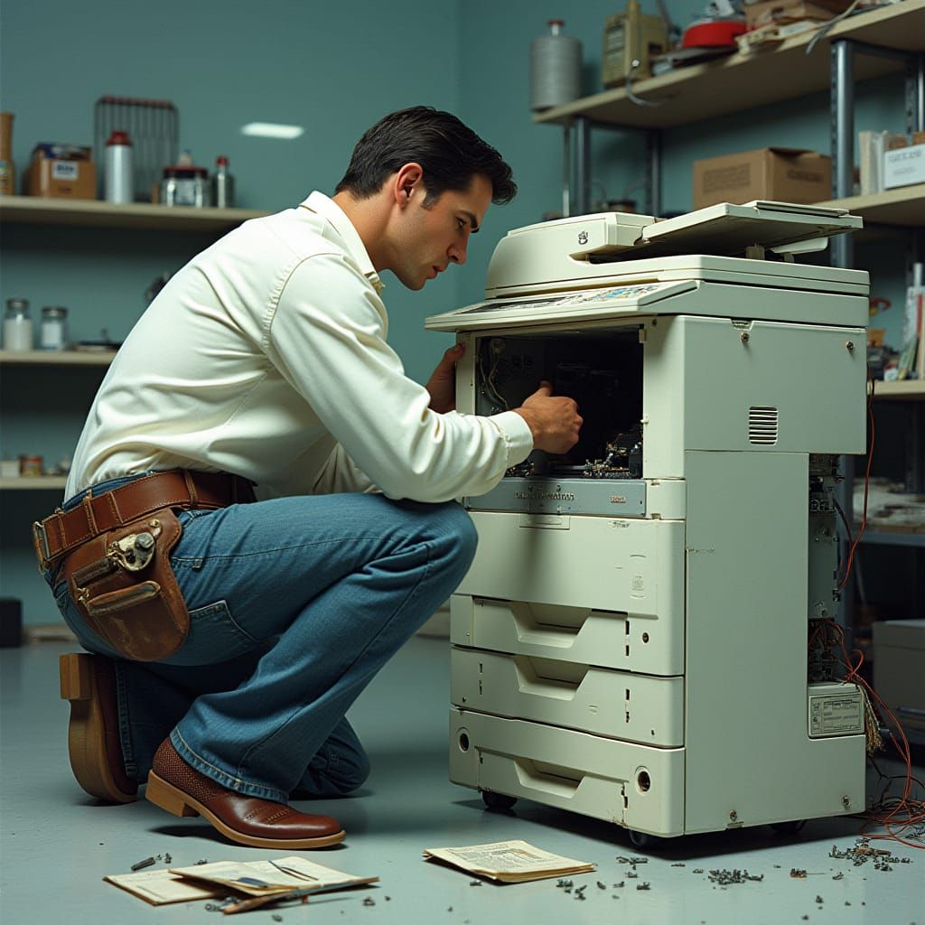 Technician Repairs Vintage Canon Photocopier in Retro-Futuri...