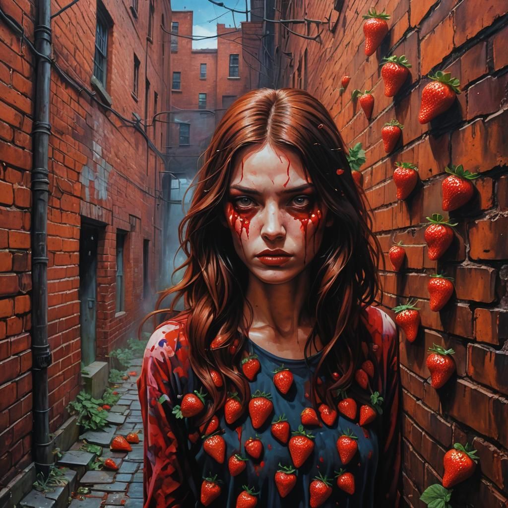 Strawberry Assassins in a Surreal Alleyway Painting