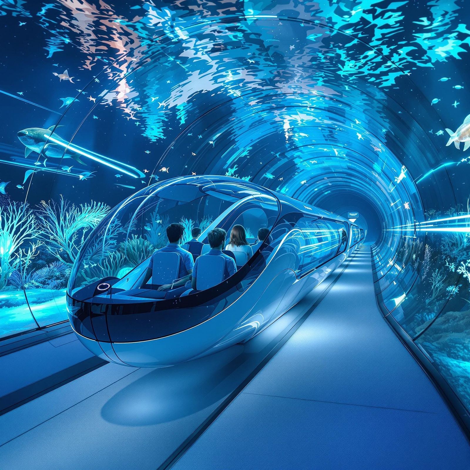 Underwater Hyperloop Pod in Translucent Tunnel