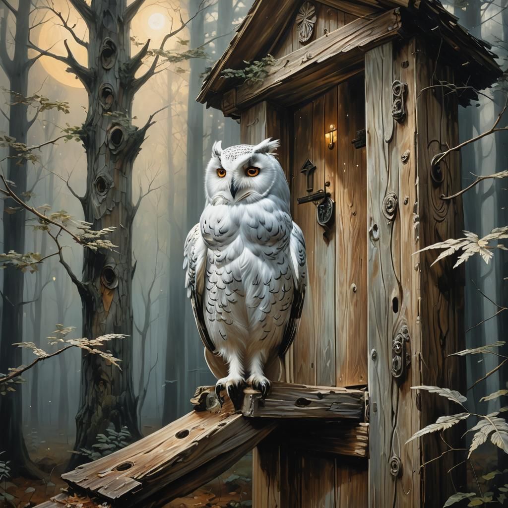 White Owl on Chapel Door in Impressionistic Style
