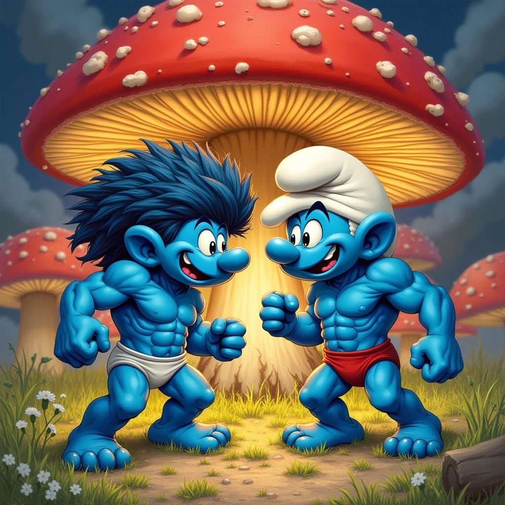 Hairy Blue Smurfs Showcase Strength in a Field of Mushrooms