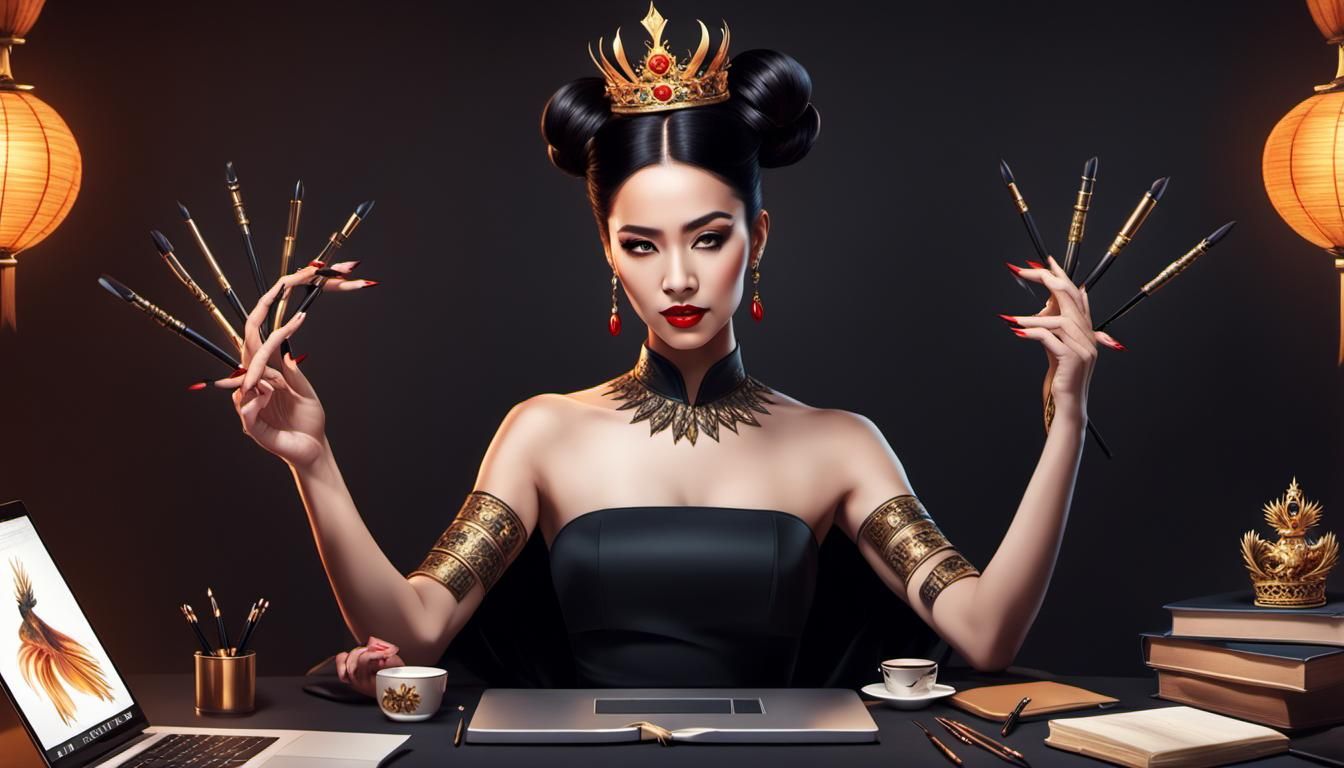 Anime-Style Queen with Phoenix and Modern Clutter