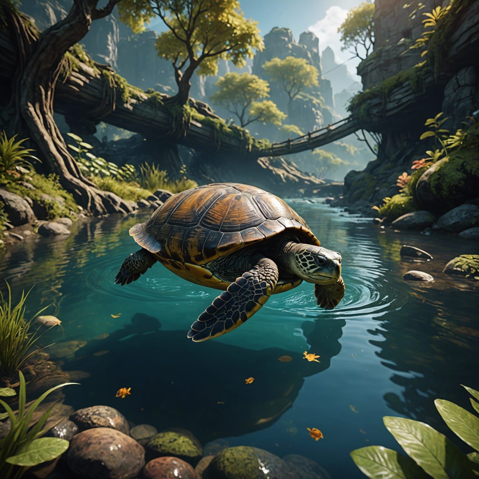 Turtle Swimming in Stream: Detailed Matte Painting