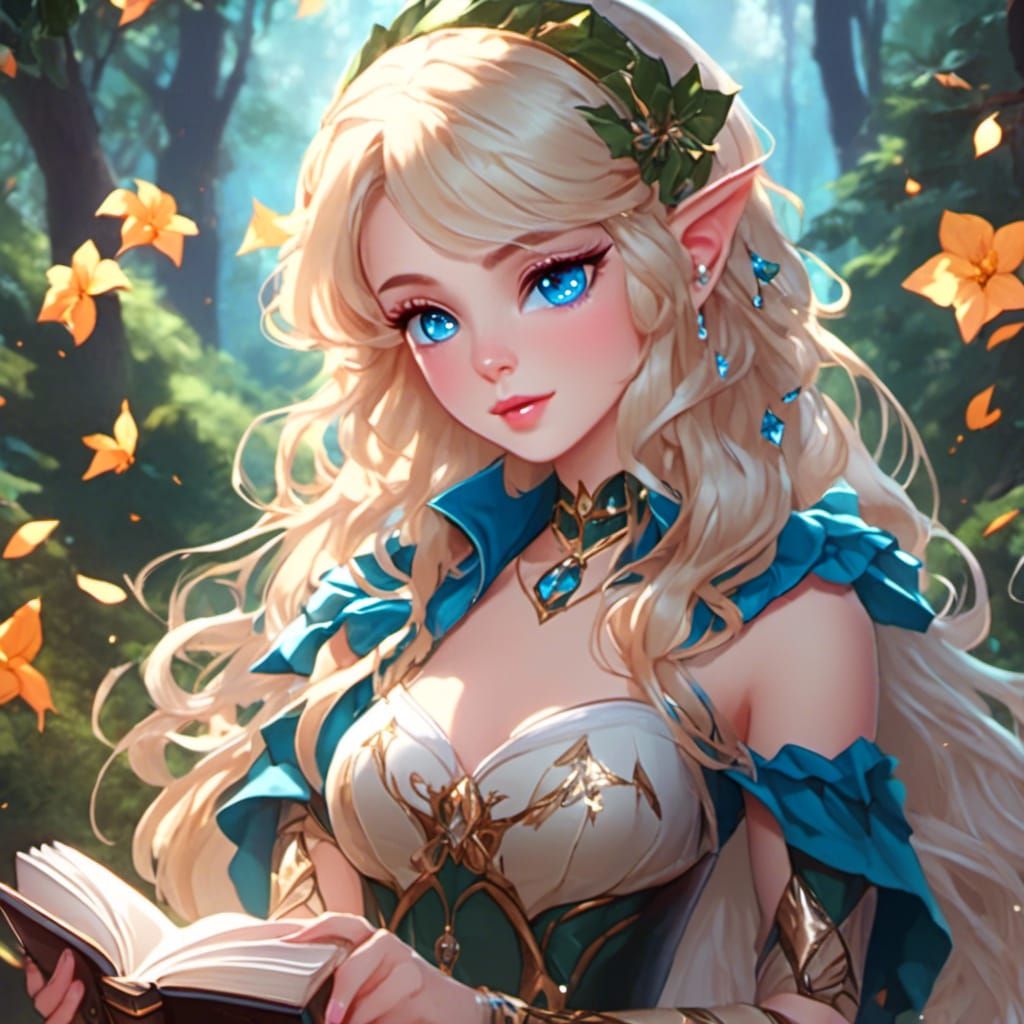 Blonde Elf Girl with Magic Book, Digital Art