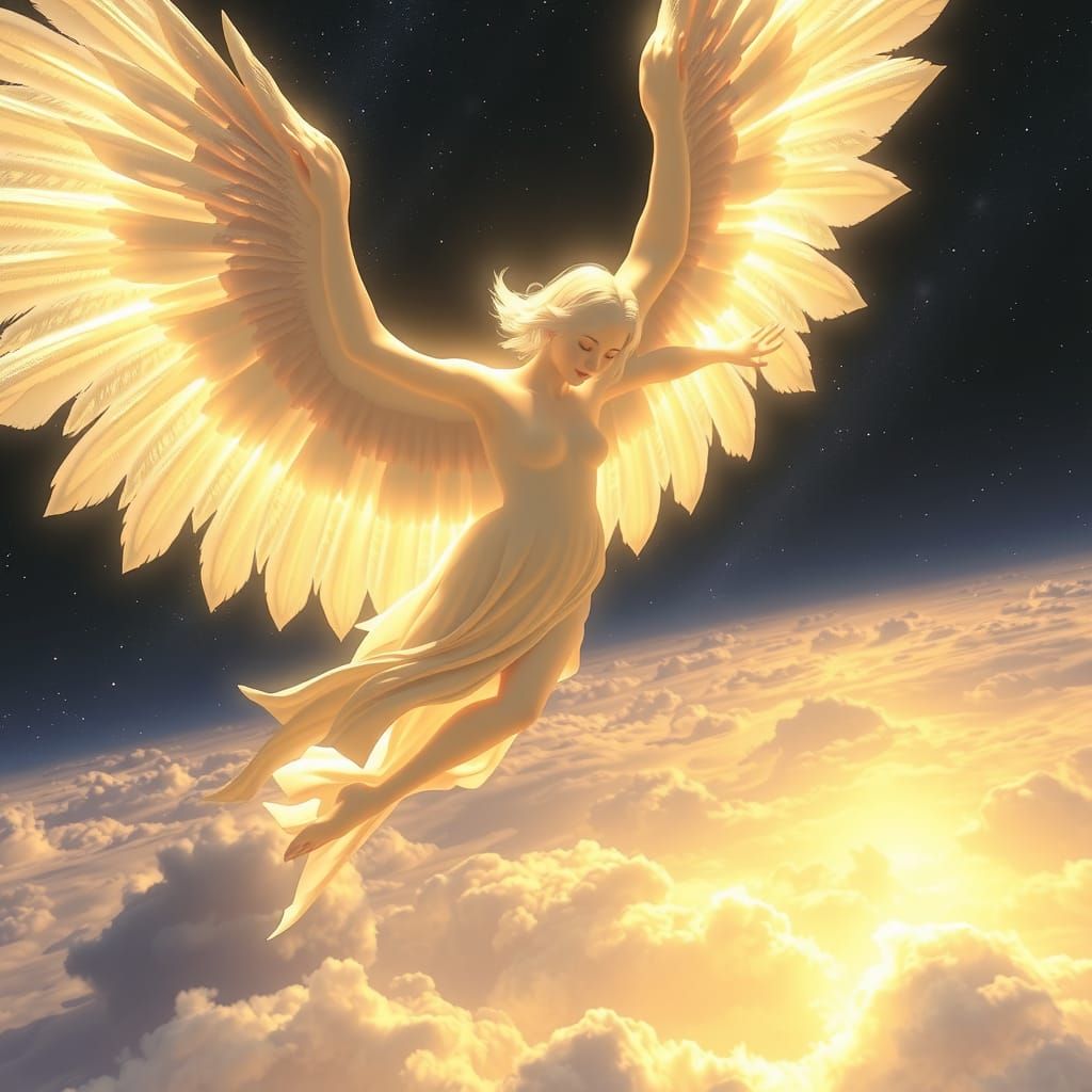 Ethereal Angel Soaring in Starry Night Sky