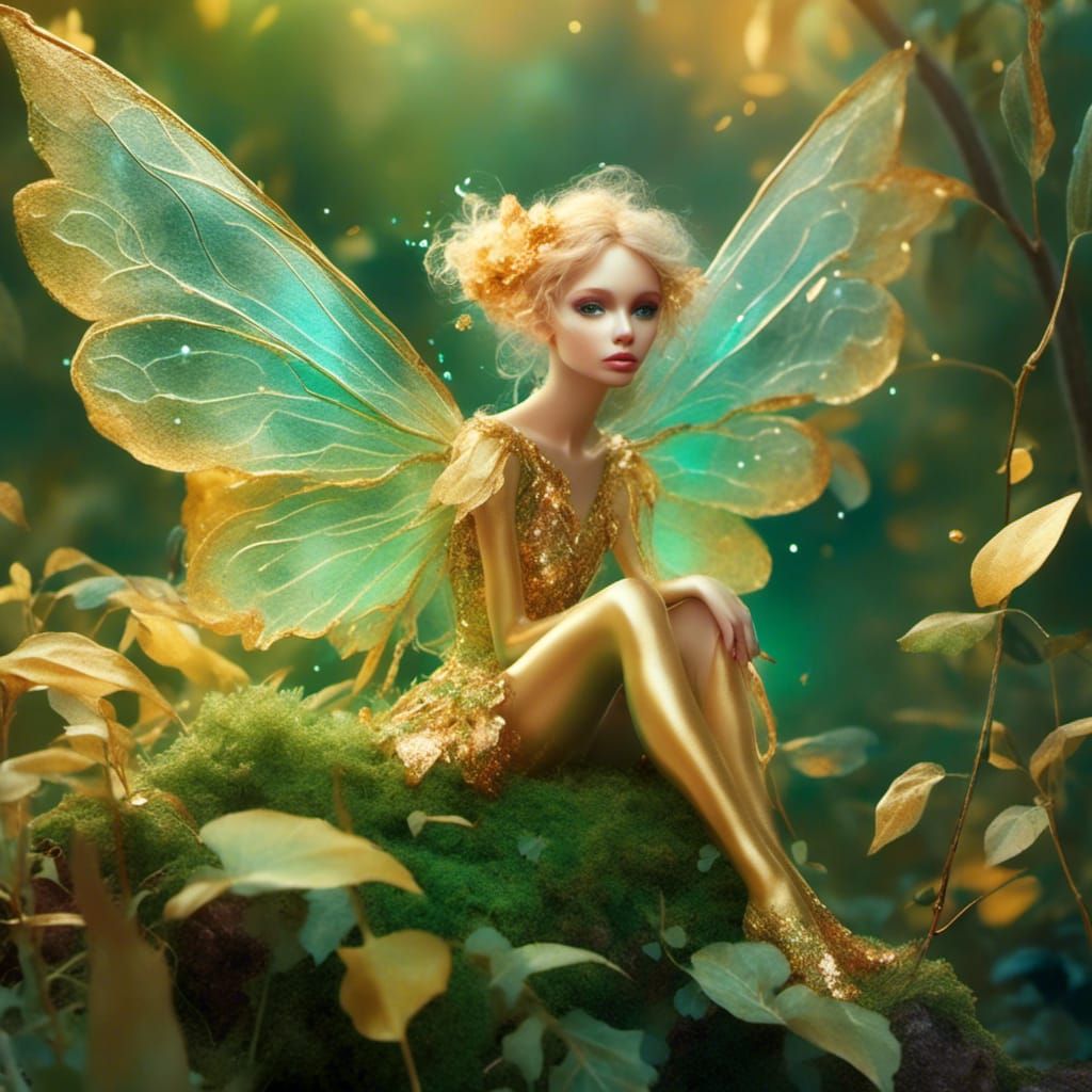 Golden Fairy on Leaf in Watercolor Style