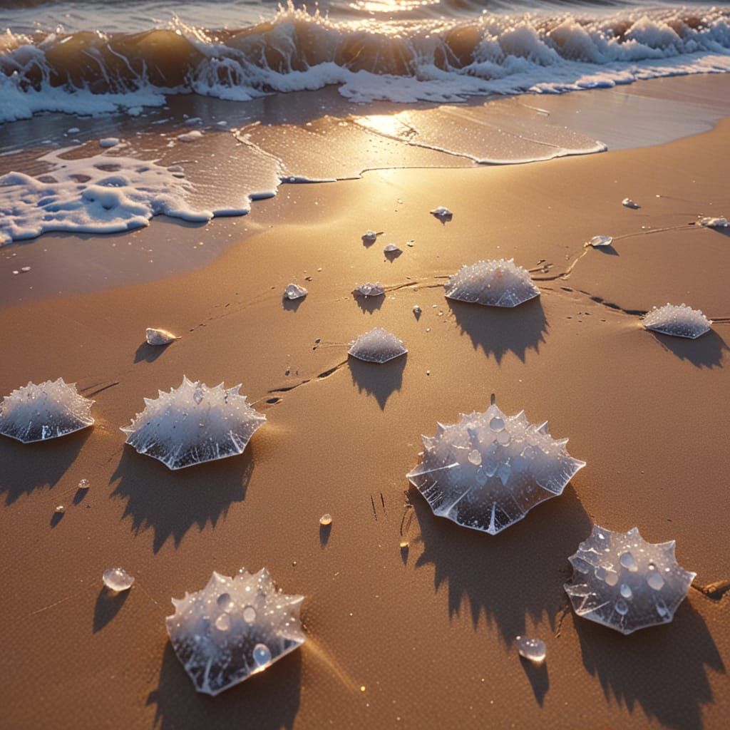 Icy Winter Beach in Golden Light: Oil Painting
